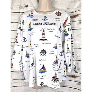 Jess & Jane Lighthouse Nautical Knit Top 1X Tee Bling White Womens